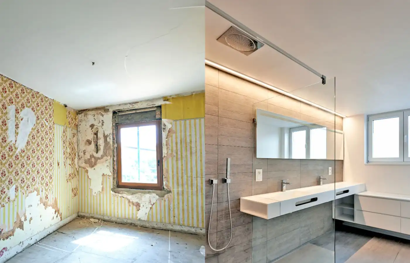 Transformation d’une salle de bain avant et après rénovation : d’un espace vétuste avec papier peint abîmé à une salle de bain moderne avec douche à l’italienne, meuble suspendu, et éclairage intégré.